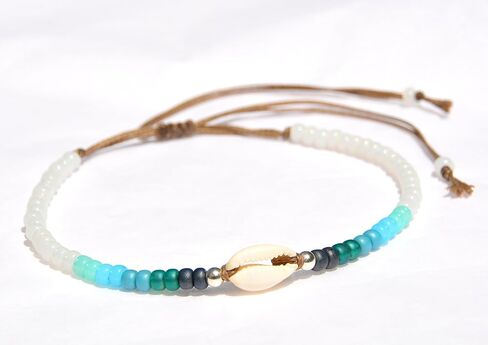 White Anklet for Women and Teen Girls, Adjustable Waterproof Natural Cowrie Seashell Beaded Ankle Bracelet, White & Sterling Silver Beads, Boho Beach Summer Hawaiian Style Jewelry, Handmade by Tribes in Kuwait