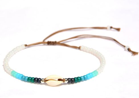 White Anklet for Women and Teen Girls, Adjustable Waterproof Natural Cowrie Seashell Beaded Ankle Bracelet, White & Sterling Silver Beads, Boho Beach Summer Hawaiian Style Jewelry, Handmade by Tribes in Kuwait