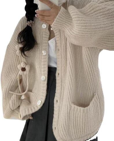 نساء كاواي هاراجوكو معطف سترة الجمالية اللطيفة Coquette Cardigan الكورية غير الرسمية فضفاضة فضفاضة القمامة البال البالوفر (البيج ، مقاس واحد) in Saudi Arabia