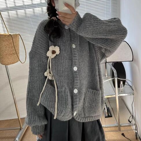 نساء كاواي هاراجوكو معطف سترة الجمالية اللطيفة Coquette Cardigan الكورية غير الرسمية فضفاضة فضفاضة القمامة البال البالوفر (البيج ، مقاس واحد) in Saudi Arabia
