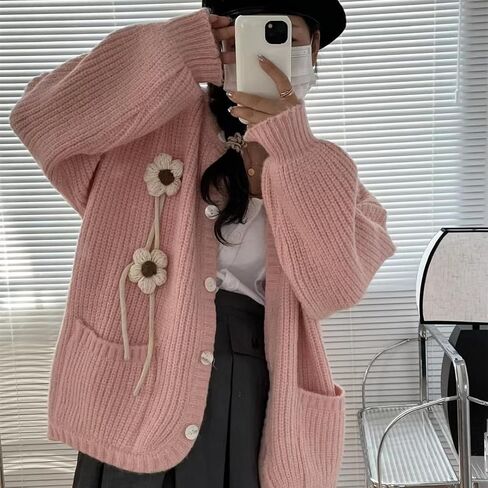نساء كاواي هاراجوكو معطف سترة الجمالية اللطيفة Coquette Cardigan الكورية غير الرسمية فضفاضة فضفاضة القمامة البال البالوفر (البيج ، مقاس واحد) in Saudi Arabia