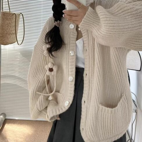 نساء كاواي هاراجوكو معطف سترة الجمالية اللطيفة Coquette Cardigan الكورية غير الرسمية فضفاضة فضفاضة القمامة البال البالوفر (البيج ، مقاس واحد) in Saudi Arabia