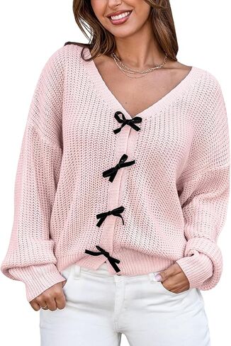 CUPSHE Womens Sweaters Bow Sweater Neck Casual Long Sleeve Lightweight Crochet Pullover Sweater Tops in Saudi Arabia