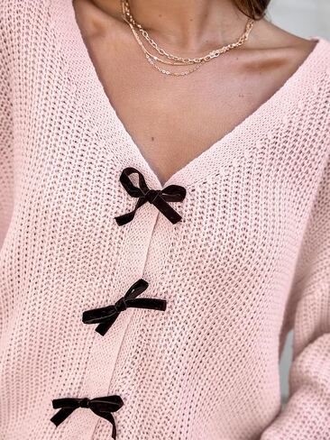 CUPSHE Womens Sweaters Bow Sweater Neck Casual Long Sleeve Lightweight Crochet Pullover Sweater Tops in Saudi Arabia