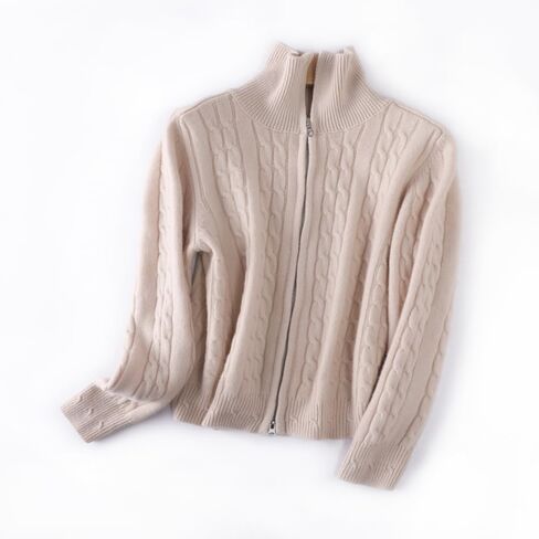 Women's Cashmere and Wool Blend Thickened Zip-Up Twist Pattern Lapel Cardigan Sweater in Saudi Arabia