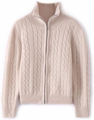 Women's Cashmere and Wool Blend Thickened Zip-Up Twist Pattern Lapel Cardigan Sweater in Saudi Arabia