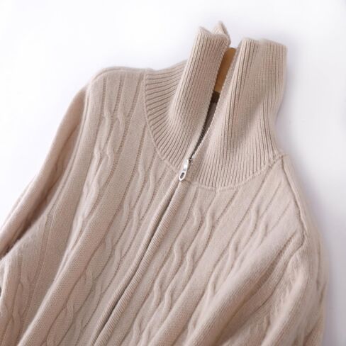 Women's Cashmere and Wool Blend Thickened Zip-Up Twist Pattern Lapel Cardigan Sweater in Saudi Arabia
