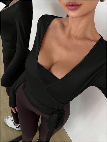 Milumia Women's Long Sleeve Yoga Workout Wrap V Neck T Shirt Top Side Tie Shrug Cardigan in Saudi Arabia