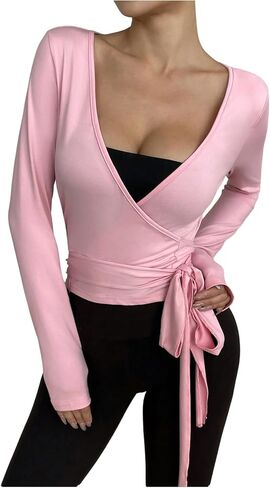 Milumia Women's Long Sleeve Yoga Workout Wrap V Neck T Shirt Top Side Tie Shrug Cardigan in Saudi Arabia