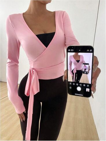 Milumia Women's Long Sleeve Yoga Workout Wrap V Neck T Shirt Top Side Tie Shrug Cardigan in Saudi Arabia