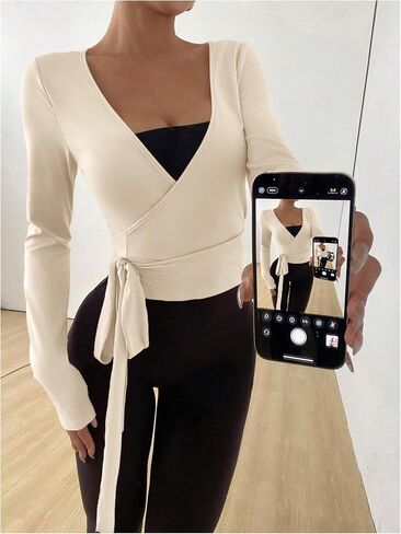 Milumia Women's Long Sleeve Yoga Workout Wrap V Neck T Shirt Top Side Tie Shrug Cardigan in Saudi Arabia