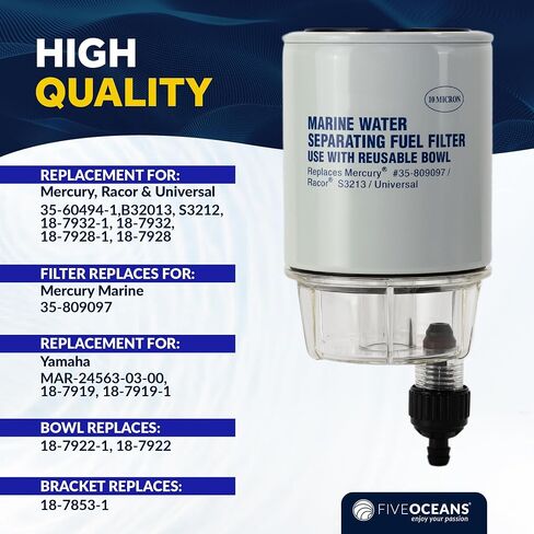 Five Oceans Fuel Water Separator Marine - Fuel Water Separator with Clear Bowl, Replaces# S3213, 35-60494-1, 18-7932-1,18-17928,35-809097, for Marine Outboard Motor Mercury, Racor, Universal - FO3665 in Saudi Arabia