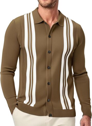 Esabel.C Men‘s Knit Button Down Shirts Long Sleeve Stripe Casual Ribbed Fashion Polo Shirts for Men in Kuwait