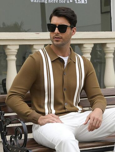 Esabel.C Men‘s Knit Button Down Shirts Long Sleeve Stripe Casual Ribbed Fashion Polo Shirts for Men in Kuwait