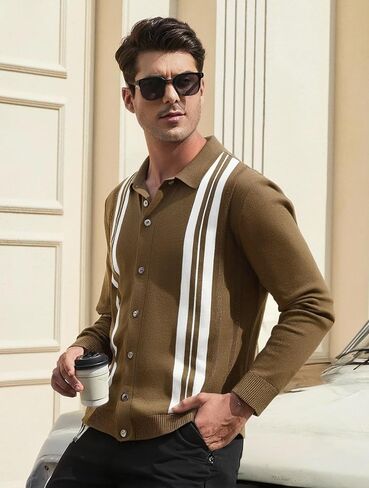 Esabel.C Men‘s Knit Button Down Shirts Long Sleeve Stripe Casual Ribbed Fashion Polo Shirts for Men in Kuwait