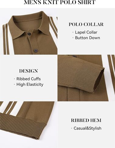 Esabel.C Men‘s Knit Button Down Shirts Long Sleeve Stripe Casual Ribbed Fashion Polo Shirts for Men in Kuwait