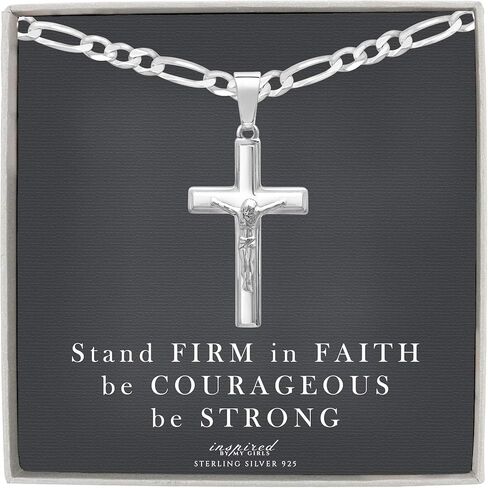 قلادة الصلب الفضية للرجال وسلسلة فيجارو مع بطاقة إيمان ملهمة - اختيار الأحجام in Kuwait