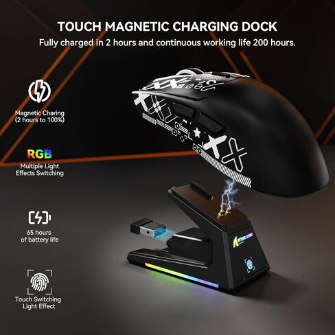 ATTACK SHARK X1 Superlight Wireless Gaming Mouse with RGB Magnetic Charging Dock, BT/2.4G/USB-C Wired Gaming Mouse, PAW3395PRO Sensor, 40000DPI, Office Mice for PC, Mac, PS5, Xbox - Black in Kuwait