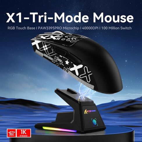 ATTACK SHARK X1 Superlight Wireless Gaming Mouse with RGB Magnetic Charging Dock, BT/2.4G/USB-C Wired Gaming Mouse, PAW3395PRO Sensor, 40000DPI, Office Mice for PC, Mac, PS5, Xbox - Black in Kuwait