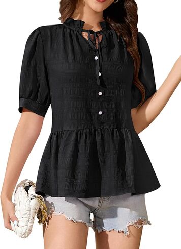 Blooming Jelly Womens Peplum Tops Tie Front Puff Sleeve Cute Summer Blouse Casual Babydoll Trendy Shirt Vacation Outfit in Saudi Arabia
