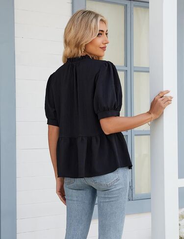 Blooming Jelly Womens Peplum Tops Tie Front Puff Sleeve Cute Summer Blouse Casual Babydoll Trendy Shirt Vacation Outfit in Saudi Arabia