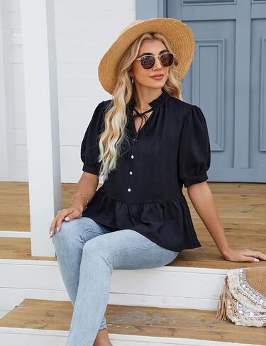 Blooming Jelly Womens Peplum Tops Tie Front Puff Sleeve Cute Summer Blouse Casual Babydoll Trendy Shirt Vacation Outfit in Saudi Arabia