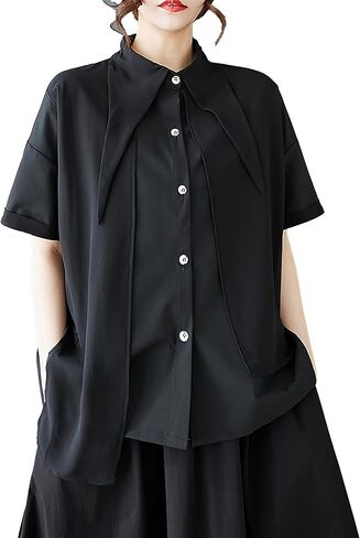 Ellazhu Women's Dress Lapel Short Sleeve Chiffon Button Down Plate GZ456 in Saudi Arabia
