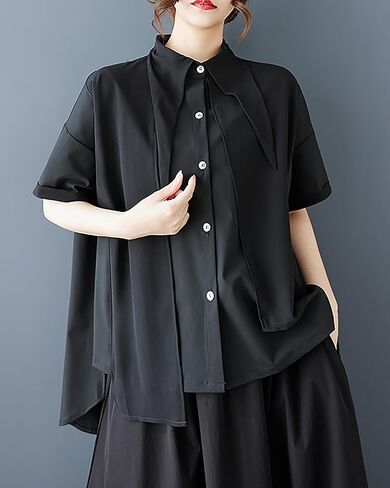 Ellazhu Women's Dress Lapel Short Sleeve Chiffon Button Down Plate GZ456 in Saudi Arabia