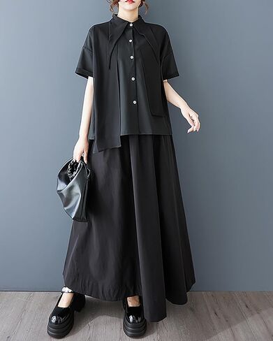 Ellazhu Women's Dress Lapel Short Sleeve Chiffon Button Down Plate GZ456 in Saudi Arabia