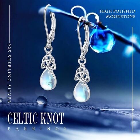 Celtic Moonstone/Turquoise/CZ Birthstone Earrings for Women Girls - 925 Sterling Silver Celtic Knot Leverback Teardrop Trinity Irish Jewelry in Saudi Arabia