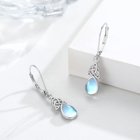 Celtic Moonstone/Turquoise/CZ Birthstone Earrings for Women Girls - 925 Sterling Silver Celtic Knot Leverback Teardrop Trinity Irish Jewelry in Saudi Arabia
