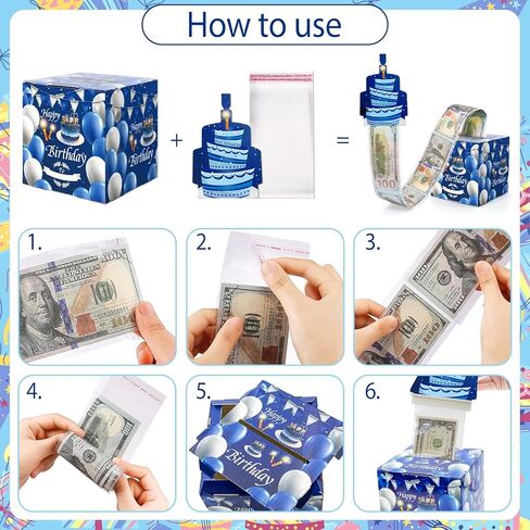 صندوق الهدايا الوردي مع 40 ٪ أكياس شفافة سحب صندوق المال المفاجئ لبطاقة عيد ميلاد سعيد وملصقات DIY لأي عمر طريقة ممتعة لإعطاء النقود للعائلة والأصدقاء in Kuwait