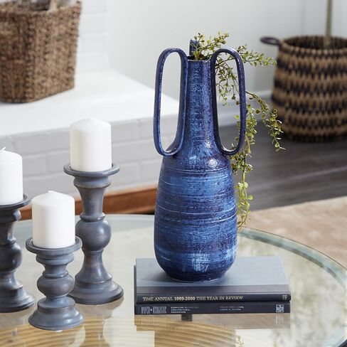 Deco 79 Ceramic Decorative Vase Centerpiece Vase with Handles, Flower Vase for Home Decoration 7" x 7" x 17", Blue in Saudi Arabia