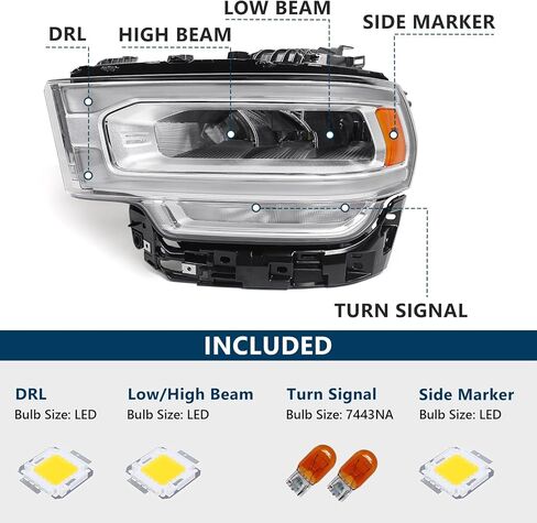 LED Headlight Assembly for Dodge Ram 2500 3500 2019 2020 2021 2022 2023 2024 Chrome Headlamp W/LED Daytime Running Light DRL Left Driver Side 68360181AD in Kuwait