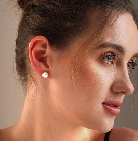 LeCalla 925 Sterling Silver Freshwater Pearl Stud Earrings for Women | Round White Pearls | 14K Gold Plated Jewelry| Handpicked Freshwater Cultured Stud Pearl Earrings (5mm-10mm) in Saudi Arabia