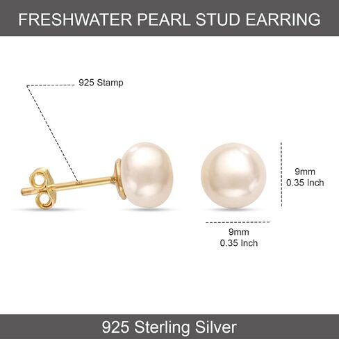 LeCalla 925 Sterling Silver Freshwater Pearl Stud Earrings for Women | Round White Pearls | 14K Gold Plated Jewelry| Handpicked Freshwater Cultured Stud Pearl Earrings (5mm-10mm) in Saudi Arabia