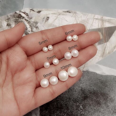 LeCalla 925 Sterling Silver Freshwater Pearl Stud Earrings for Women | Round White Pearls | 14K Gold Plated Jewelry| Handpicked Freshwater Cultured Stud Pearl Earrings (5mm-10mm) in Saudi Arabia