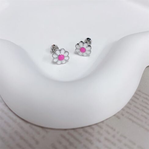 20G Daisy Flower Screw Flat Back Small Stud Earrings for Women Stainless Steel Pink White Enamel Lucky Flower Cartilage Piercing Studs Jewelry Gift in Saudi Arabia