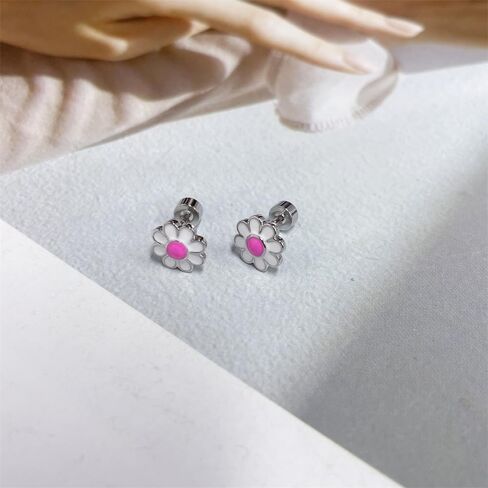 20G Daisy Flower Screw Flat Back Small Stud Earrings for Women Stainless Steel Pink White Enamel Lucky Flower Cartilage Piercing Studs Jewelry Gift in Saudi Arabia