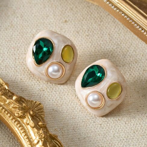 SWEETV Vintage Gold Statement Stud Earrings for Women Trendy, Antique Enamel Chunky Pearl Earrings, Big Crystal Earrings for Fashion Prom Jewelry Gifts in Saudi Arabia