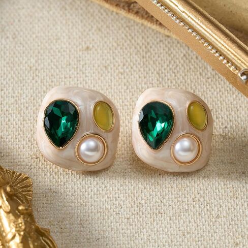 SWEETV Vintage Gold Statement Stud Earrings for Women Trendy, Antique Enamel Chunky Pearl Earrings, Big Crystal Earrings for Fashion Prom Jewelry Gifts in Saudi Arabia