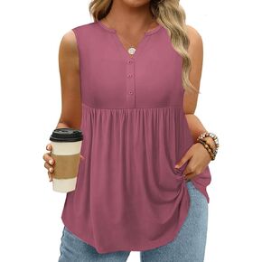 VISLILY Womens-Plus-Size-Sleeveless-Henley-Shirts Casual V Neck Summer Tank Tops Flowy Pleated Tunics Cute Buttons Up Blouses in Saudi Arabia