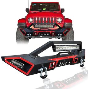 مصد أمامي تم ترقيته الأسود المتوافق مع 2007-2025 Jeep Wrangler JK JKU JL و 2020-2024 Jeep Gladiator JT W/Winch Plate & D-Rings & LED in Kuwait