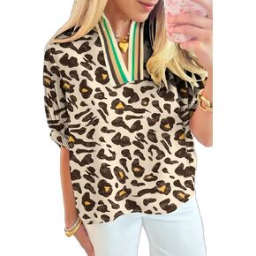 Womens Khaki Leopard Color Block Contrast Striped Half Sleeve Loose Fit Blouse Casual Daily Leopard Summer Top 2025 in Saudi Arabia