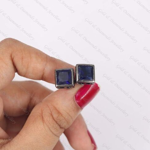 Gold & Diamonds Jewelery Bezel مجموعة الأميرة قصات الأحجار الكريمة (8 مم) Solitaire Stud أقراط 14K الذهب الأسود فوق .925 الفضة الاسترليني in Kuwait