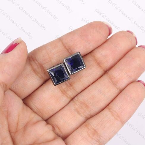 Gold & Diamonds Jewelery Bezel مجموعة الأميرة قصات الأحجار الكريمة (8 مم) Solitaire Stud أقراط 14K الذهب الأسود فوق .925 الفضة الاسترليني in Kuwait