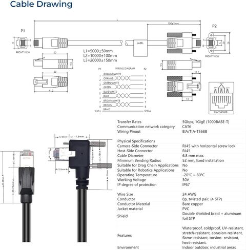 Data Transmission Ethernet Cable for Allied Vision Basler Baumer Cognex Dalsa HikRobot iDS Jai Imaging Camera to Vision System, GigE RJ45 Locking Screw to RJ45, Drag Chain, Flexible PVC 1m in Kuwait