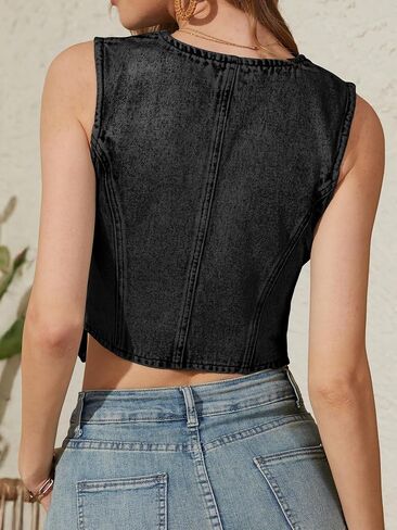 ELLEVEN Women’s Denim Vest V-Neck Crop Jean Vest Top Sleeveless Y2K Button Denim Jacket Summer Country Outfits in Kuwait