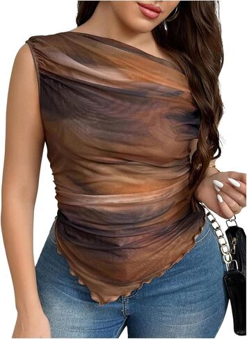 Women's Plus Size Tie Dye Tank Top Asymmetrical Neck Sleeveless Fitted Mesh Tee Tops in Saudi Arabia