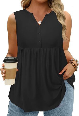 VISLILY Womens-Plus-Size-Sleeveless-Henley-Shirts Casual V Neck Summer Tank Tops Flowy Pleated Tunics Cute Buttons Up Blouses in Kuwait